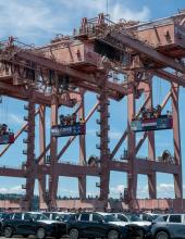 Three containers hang from cranes at Terminal 46 in Seattle. The middle container has a “Welcome to the Pacific Northwest” message to FIFA World Cup visitors, while the outside containers have Belgium and Egypt’s flags.