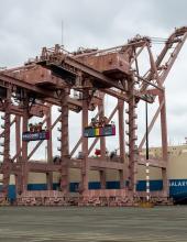 Three containers hang from cranes at Terminal 46 in Seattle. The middle container has a “Welcome to the Pacific Northwest” message to FIFA World Cup visitors, while the outside containers have the Belgium and Senegal flags.